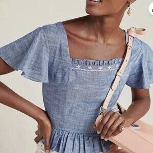 ANTHROPOLOGIE Pankaj & Nidhi Cotton Metallic Chambray Blue Cropped Flutter Top